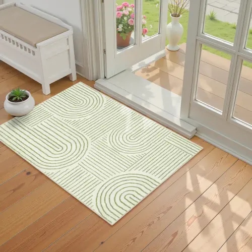 Darrell Washable Abstract Rainbow Stripe Green/White Rug