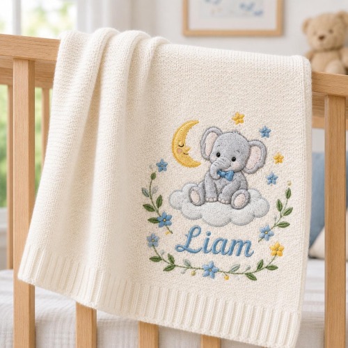 Personalized Baby Blanket with Embroidered Elephant on Cloud, Custom Name Nursery Blanket, Baby Shower Gift, Baby Boy Gift