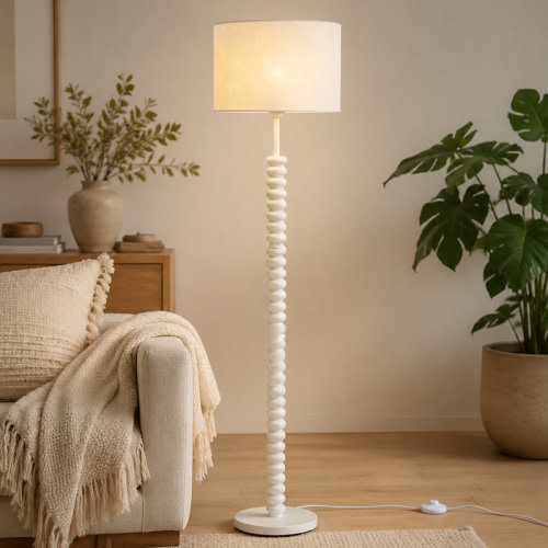Red Barrel Studio® 58" White Beaded Standard Floor Lamp with Drum Shade and Foot Switch | Wayfair