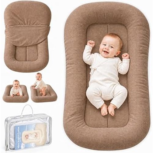 Infant Support Cushion - Breathable Cotton Baby Support Cushion for Babies 0-24 Months, Portable Tummy Time Mat for Home & Travel, Machine Washable, Perfect Baby Registry Gift, Brown