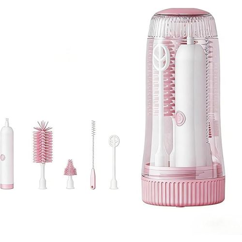 Portable Electric Silicone Bottle Brush Set, 7-in-1 UV Light USB Charging, Nipple/Straw Cleaner, Milk Mixer, Built-in Drying Rack & Storage Case, BPA-Free, IPX7, On-the-Go for New Parents