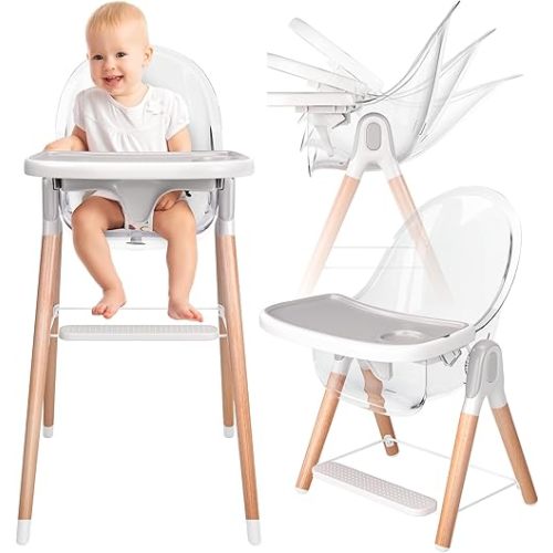 Children of Design 6 in 1 Deluxe Wooden High Chair for Babies & Toddlers, Modern Safe & Compact Baby Highchair, Easy to Clean & Assemble, Removable Tray, 6 Options 3 Seat Positions 2 Heights (Clear)