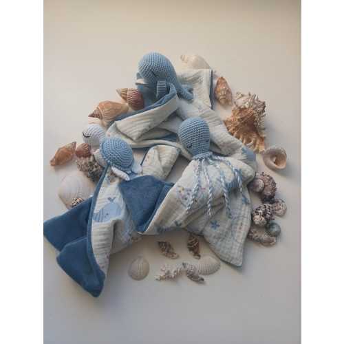 "Marine World" 3-pack soft toy muslin set: turtle, octopus, and whale. Customizable, handmade in France