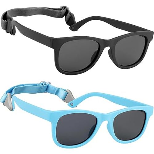 2-Pack Polarized Toddler Sunglasses with Strap for 0-24 Months,Black & Sky Blue