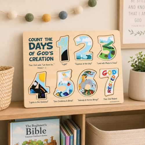 Wooden 7 Days of Creation Puzzle, Bible Learning Toy for Toddlers