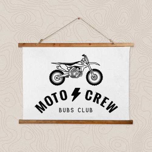 Moto Dirt Bike Artwork Flag with Wood Trim | Boys Room Wall Decor | Motocross Tapestry | Kids Room Artwork | Dirt Bike Bedroom Decor Banner