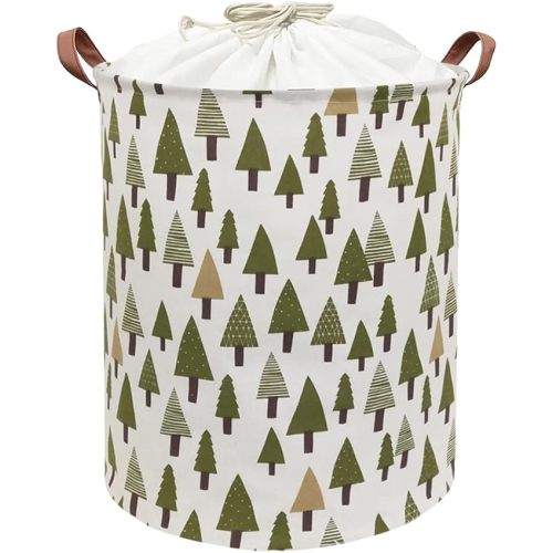 Nursery Laundry Basket Canvas Fabric Baby Boy Storage Bins,Collapsible Woodland Hamper,Waterproof Storage Baskets with Leather Handle,Forest Nursery Decor,Toy Organizer (Tree)