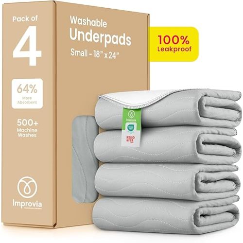 IMPROVIA® Washable Underpads 18" x 24" Pack of 4 Heavy Absorbency Reusable Bedwetting Incontinence Pads for Adults, Kids, & Pets - Waterproof Protective Pad for Bed, Couch, Sofa, Floor (Gray & White)