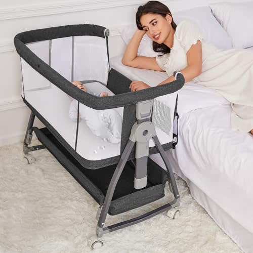 Jixrolyn Bedside Bassinet for Baby, Adjustable Newborn Bassinet with Wheels, Storage Basket, Mattress, Easy to Assemble & Portable Folding Baby Cradle (Black)