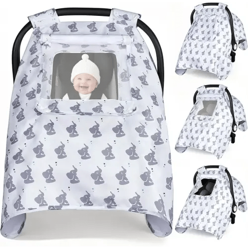Car Seat Cover Baby, Carseat Covers Baby with 2 Layers Breathable Windows, Windproof Infant Car Seat Cover, Kick-Proof Baby Carrier Cover for Baby Boy Newborn Essentials