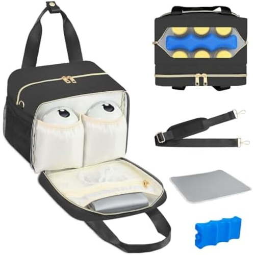 Breastmilk Cooler Bag with Ice Pack, Fits 6 Baby Bottles Up to 9 Ounce, Insulated Bottle Travel Bags with Shoulder Strap-Wearable Breast Pump Carrying Case for Nursing & Working Moms