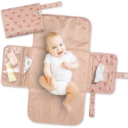 Tiny Twinkle Portable Diaper Changing Pad | Waterproof, Wipeable & Compact Baby Changing Pad for Travel | Smart Wipes Pocket & Organized Storage| Newborn Shower Gift (Boho Rainbow)