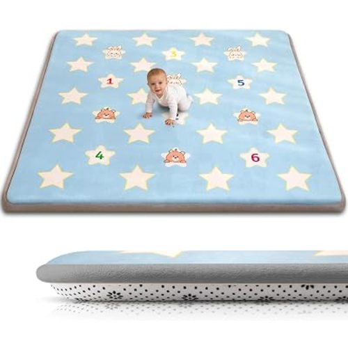 Baby Play Mat for Floor, 71'' x 59'' Thicken Foam Soft Padded Playmat for Tummy Time, Playpen Mat for Toddlers Infant Kids, Water-Repellent Coral Velvet, Non-Slip Bottom Safe for Crawling (Star)