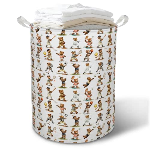 Sports Bear Nursery Laundry Basket Hamper, Sports Decor for Boys Bedroom, Cute Bear Player Foldable Clothes Toys Books Storage Box Bins Baskets Organizer for Kids Boys Room Playroom