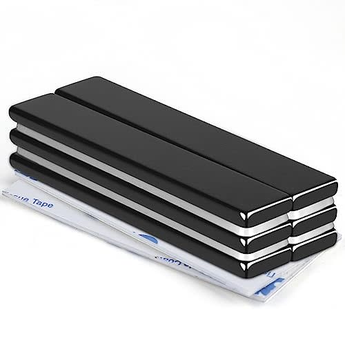 MIKEDE Black Rare Earth Neodymium Magnets, 6 Pack Strong Heavy Duty Bar Magnets with Double-Sided Adhesive, Powerful Pull Force, Perfect for Garage, Kitchen, Science, Craft, Office - 60 x 10 x 3 mm