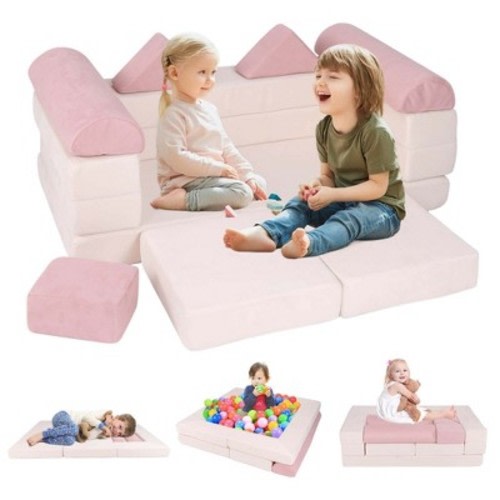 Costway Kids Modular Play Couch Play Set with Suede Fabric Cover High-Density Foam Pink