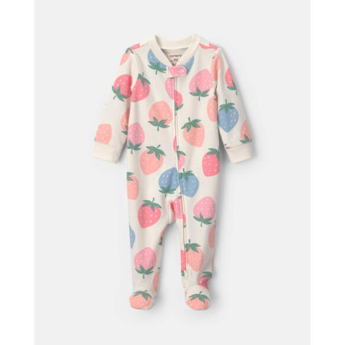 Baby Girl 2-Way Zip Strawberry Cotton Sleep & Play Pajamas - Cream/Blue/Coral | Carter's