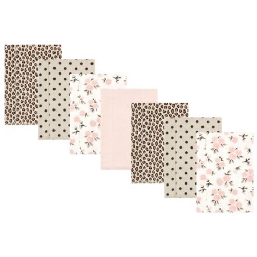 Hudson Baby Infant Girl Cotton Poly Flannel Burp Cloths, Neutral Pink Floral 7 Pack, One Size