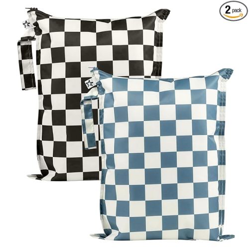 Tiny Twinkle Mess Proof Wet Bags | 2-Pack Reusable Waterproof Wet Bags for Swimsuits | Baby Clothes | Travel & Diaper Bag (Blue, Black Checkers)
