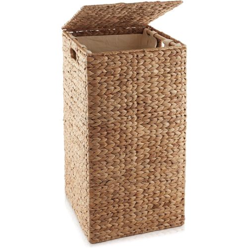Casafield Laundry Hamper with Lid and Removable Liner Bag - Natural, Woven Water Hyacinth Square Laundry Basket Sorter for Clothes and Towels