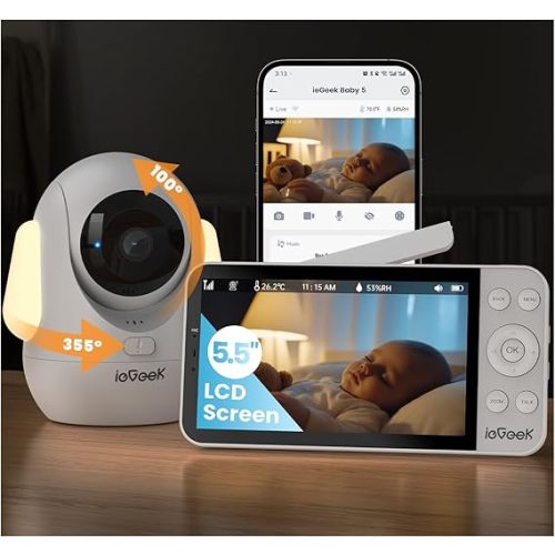 ieGeek 2.5K Baby Monitor with RGB Light,4000mah Battery, 5.5" Wireless Display,Upgrade AI Face Cover/Prone Sleep Detection,2.4G/5G WiFi Moniteur Bébé, 360° PTZ,Temp&Humidity,Smart Baby Camera（1pcs）