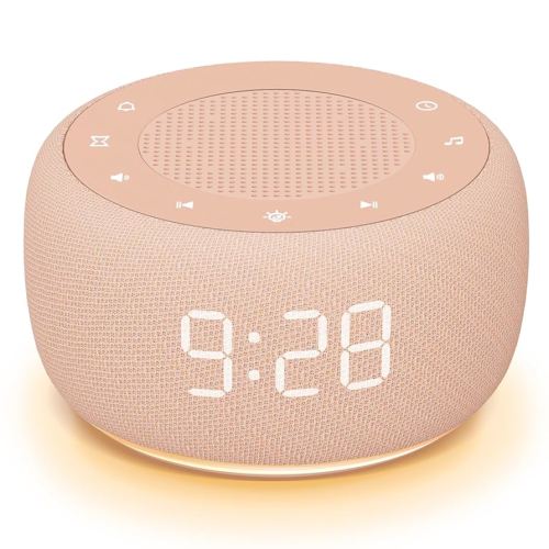 Buffbee Sound Machine & Alarm Clock 2-in-1, 0-100% Clock Face Brightness, Bottom Colored Light, Sleep Timer, Precise 30-Level Volume White Noise Machine, Digital Alarm Clocks for Bedrooms - Peach