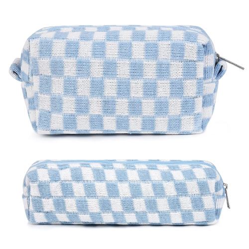 Makeup Bag Checkered Cosmetic Bag Blue Makeup Pouch 1Pcs Large Capacity Makeup Bags and 1Pcs Makeup Brushes Storage Bag Travel Toiletry Bag Organizer