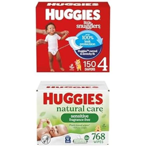 Little Snugglers Bundle: Huggies Little Snugglers Baby Diapers, Size 4 (22-37 lbs), 150 Count & Huggies Natural Care Sensitive Baby Wipes, 768 Count (12 Packs of 64)