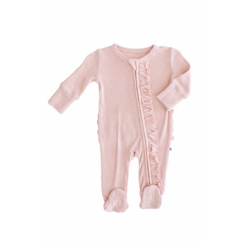Embroidered Bamboo Waffle Zipper Ruffle Footie in Lotus| Caden Lane