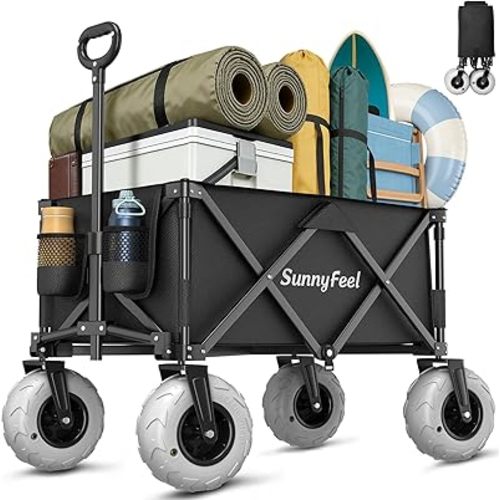 SUNNYFEEL 41" L Beach Wagon with Big Wheels for Sand - 550lbs Heavy Duty Folding Beach Wagon - All Terrain Steel Frame with 9" Pneumatic Tires for Beach,Camping,Sports,Garden (Black)