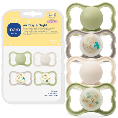 MAM Air Pacifier for Babies 6-16 Months, Extra Air Flow for Sensitive Skin, Glows in The Dark, Developed with Medical Experts, BPA-Free Skin Soft Silicone, 4 Count, Made in Europe