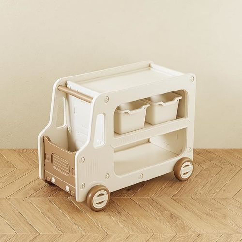 2 Layers Toy Storage Cabinet With Bookshelf, Bins Multipurpose For Nursery, Living Room（Tan)