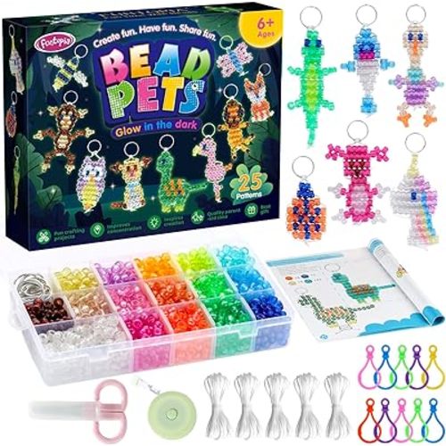 Pony Beads Kit for Keychain Making, Glow in the Dark Bead Pets for Kids Beginners,Includes Instructions for 25 Animal Designs and Storage Box, Kids Craft Kit for Rainy Day Group and Family Activities