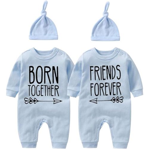 YSCULBUTOL Baby Twins Bodysuit Born Together Friends Forever Newborn Clothes Unisex Twin Outfits With Hat