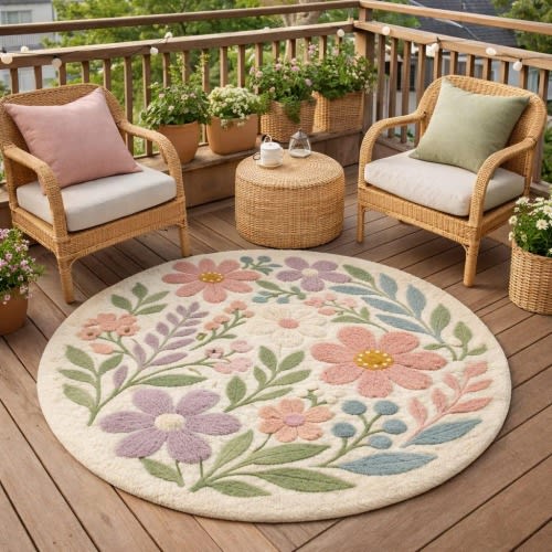 Pastel floral round rug hand tufted botanical garden design base pink lavender green