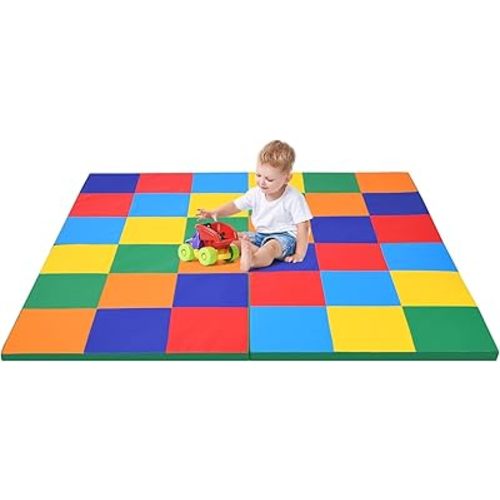 OLAKIDS Baby Foam Play Mat, Foldable 58'' x 58'' Toddler Collapsible Crawl Floor Mat, Waterproof Soft Thick Patchwork Play Mat for Kids Gym Nursery Playroom (Blue)