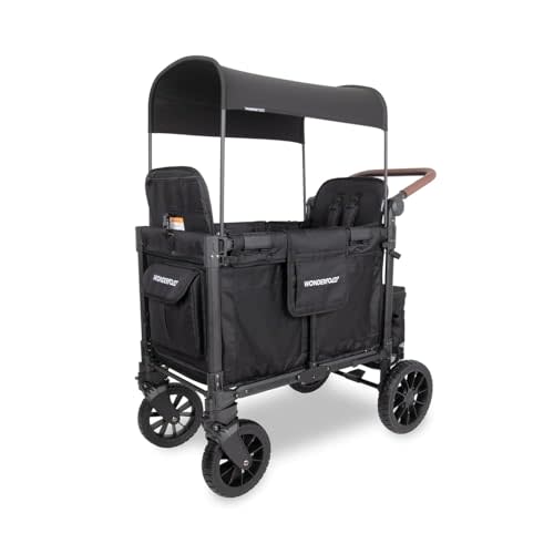 WonderFold W2 Luxe Pro Stroller Wagon, Aluminum Frame, 2 Seater, Jet Black | Collapsible Stroller Wagon with an Adjustable Canopy & Push Handle, XL All-Terrain Wheels & 5-Point Harnesses for Kids