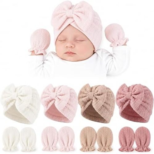 4 Sets Newborn Baby Girl Bow Hats & Mittens, Soft Cotton Preemie Hospital Beanies, Stay-On No-Scratch Gloves, Infant Essentials 0-3 Months (Taro,Light Pink,Apricot,White)