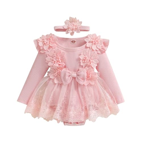 Baby Girl Tulle Birthday Party Princess Dress Long Sleeve Lace Flower Tutu Romper Dress Newborn Fall Clothes
