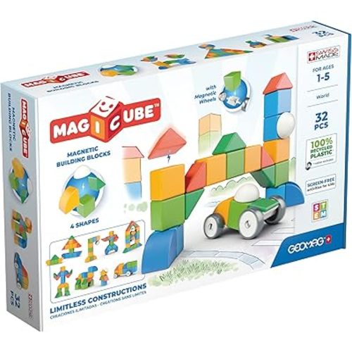 Geomag MagiCube Magnetic Blocks for Toddlers & Kids Ages 1-5 | Swiss-Made STEM Building Toy Sets | Animal, Vehicle, Recycled Plastic Themes | (32-Piece - Classic Set)