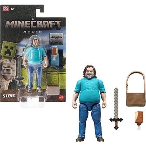 Mattel Minecraft Action Figure & Accessories Set, 4-inch Steve Posable Character Collectible Inspired by A Minecraft Movie