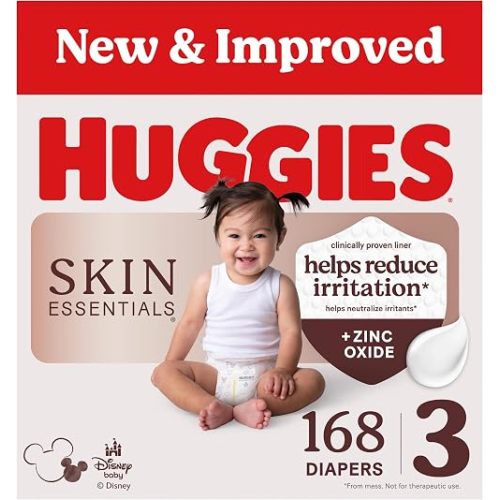 Huggies Size 3 Diapers, Skin Essentials Baby Diapers, Size 3 (16-28 lbs), 168 Count (3 Packs of 56), Packaging May Vary