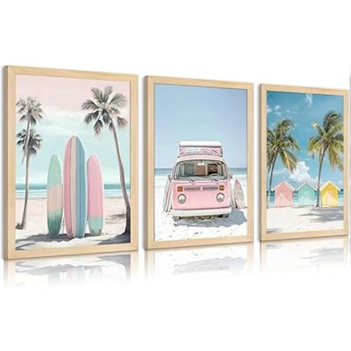 3Pcs Pink Beach Wall Art Tropical Teen Girl Coastal Canvas Poster Print Surfboard Palm Picture Wall Decor for Beach Room Bathroom Living Room Bedroom 12x16in Unframed