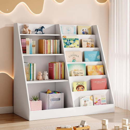 Upgraded 6 Tier Kids Wooden Bookshelf and Toy Storage, White, Children Toy Organizer with Upgraded Book Shelves, Toddler Book Rack Baby Bookcase for Nursery, Playroom and Classroom