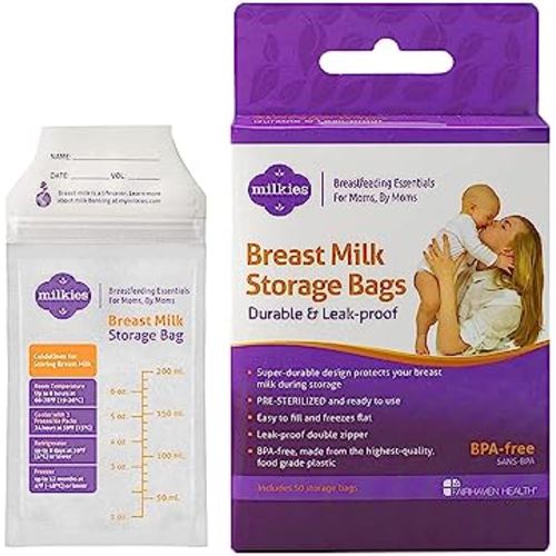 Fairhaven Health Milkies Breast Milk Storage Bags, 50 Count, Presterilized and BPA Free, No Leak and No Break, Easy to use, Freeze up to 6 Ounces