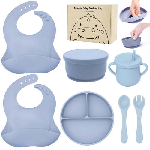 Silicone Baby Feeding Set,Baby Led Weaning Supplies Include Suction Plate & Bowl, Spoon, Fork,Bibs,Sippy Cup, 7-Pcs