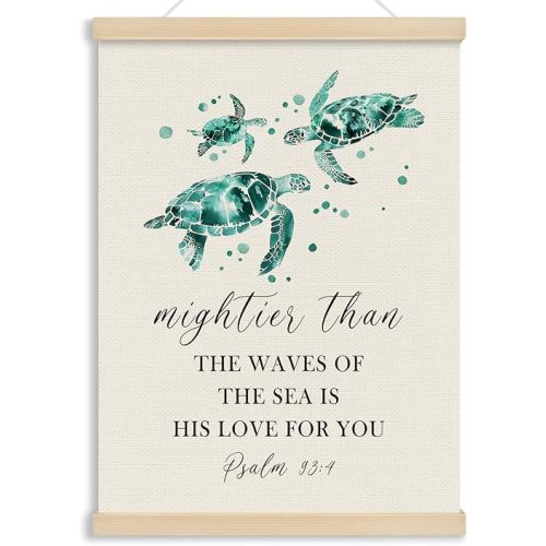 Christian Ocean Nursery Wall Art Poster, Sea Turtle Decor, Inspirational Turtle Canvas Poster Hanger Frame, Ocean Themed Under The Sea Nursery Wall Hanging Banner Decor for Bedroom, 12x16 In