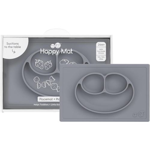 ezpz Happy Mat (Gray) - 24 Months+ - 100% Silicone Suction Placemat + Divided Plate with Three Compartments - Toddler + Preschool Essentials