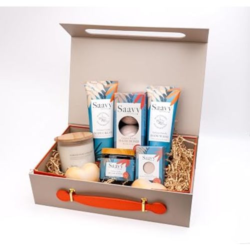 Saavy Naturals 9-Piece Spa Gift Set – Body Wash, Scrub & More – Plant-based Ingredients, Luxurious Spa Gift Basket for Women & Men –Mothers Day Gifts (Tahitian Vanilla GIft Set)