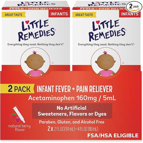Little Remedies Infant Fever & Pain Reliever with Acetaminophen, Baby Medicine with No Artificial Sweeteners, Flavors or Dyes, Natural Berry Flavor, 2 Fl Oz, Pack of 2